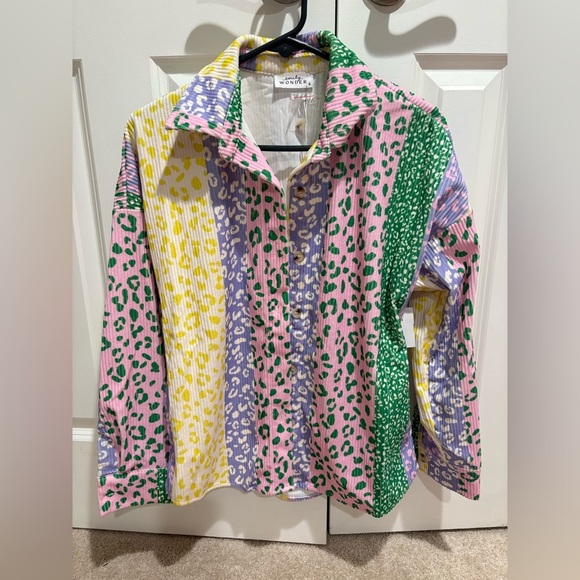 Colorblock Leopard Print Corduroy Button-Up Shirt Oversized - Picture 1 of 3